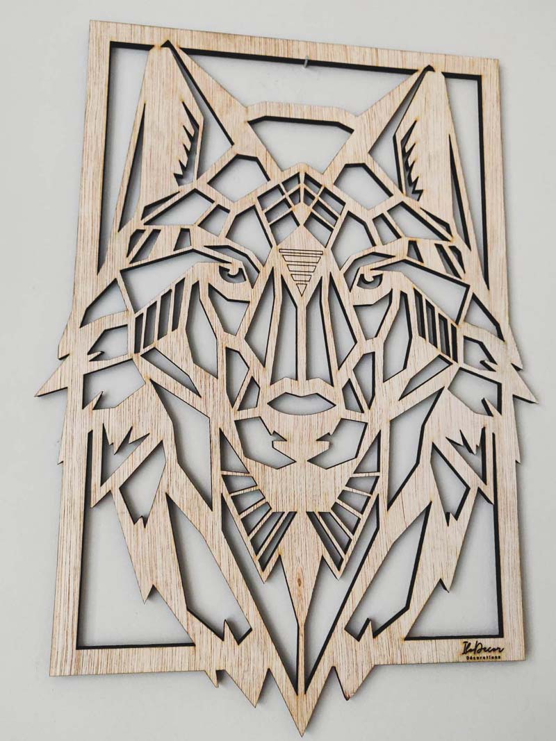 Tableau mural Loup géométrique en impression 3D et sa forêt en gravure sur  bois