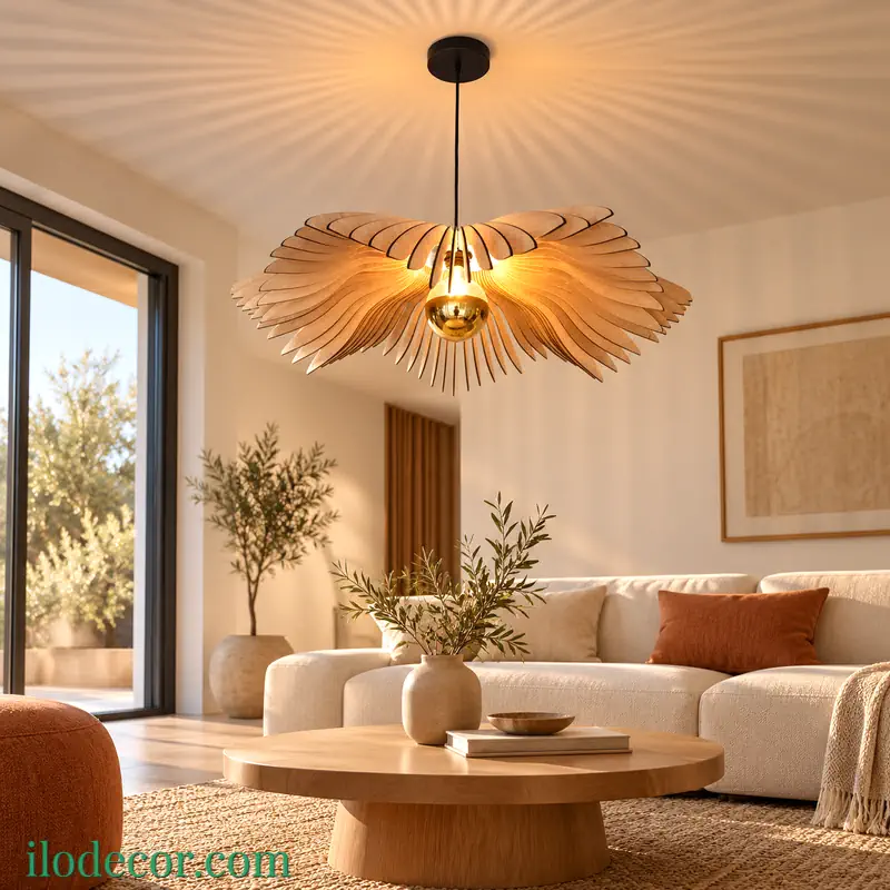 Suspension Marguerite 70 cm en bois dans un salon